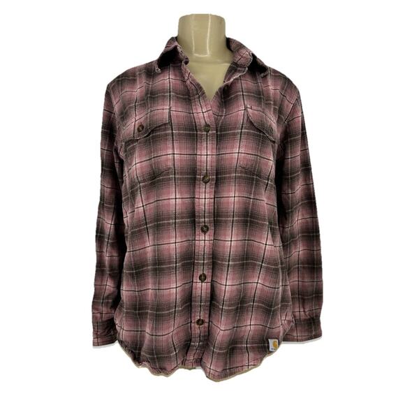 Carhartt Large 12-14 Women Button Up Flannel Shirt Long Sleeve Plaided I2 - Picture 1 of 8